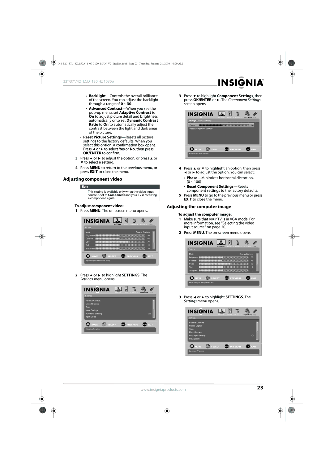 Insignia NS-42L550A11 manual Adjusting component video, Adjusting the computer image, Advanced Contrast-When you see 