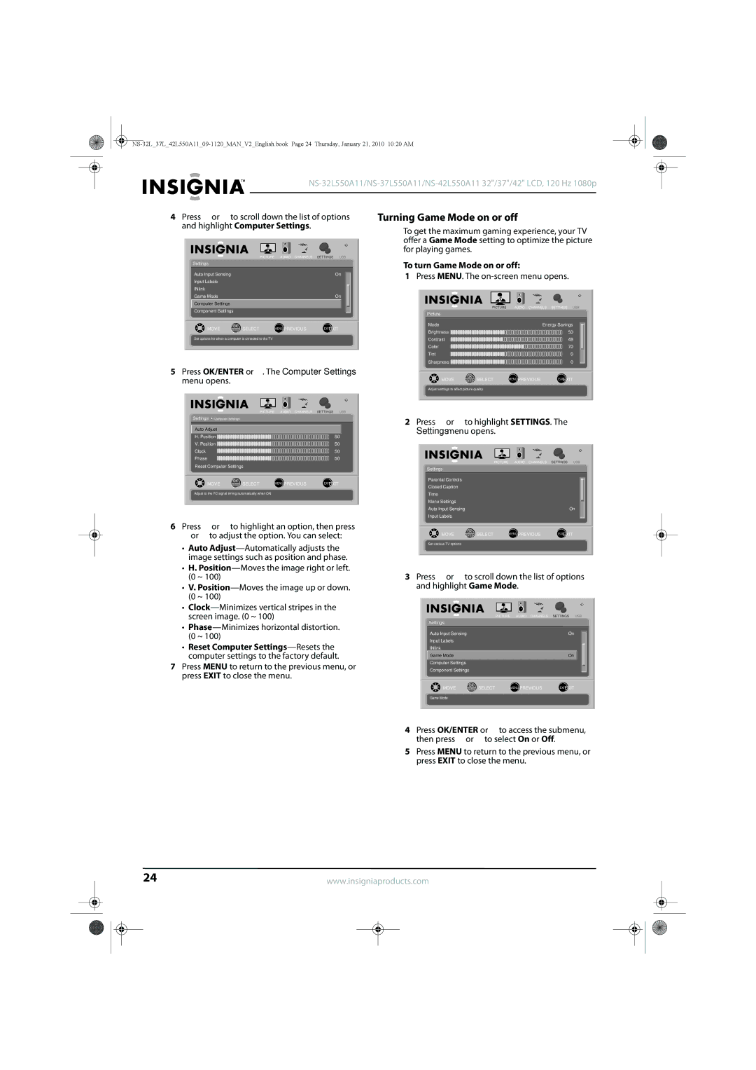 Insignia NS-32L550A11, NS-42L550A11 manual Turning Game Mode on or off, Press OK/ENTER or . The Computer Settings menu opens 