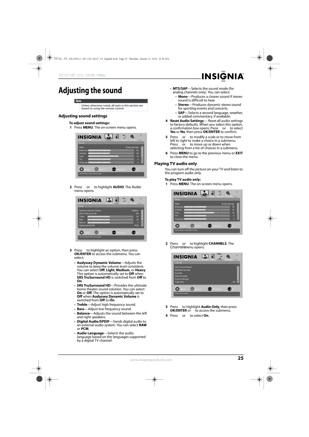 Insignia NS-37L550A11 Adjusting sound settings, Playing TV audio only, To adjust sound settings, To play TV audio only 