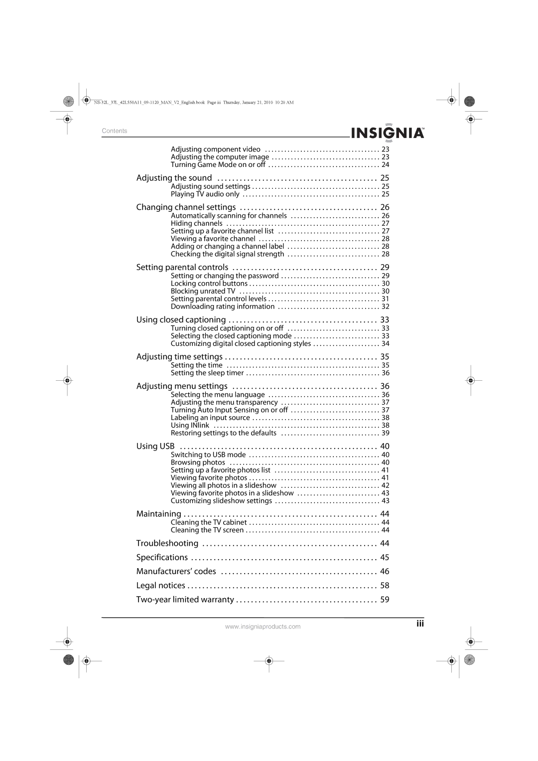 Insignia NS-42L550A11 Turning Auto Input Sensing on or off, Selecting the menu language Adjusting the menu transparency 