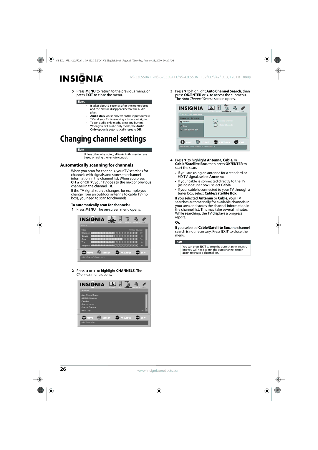 Insignia NS-42L550A11, NS-32L550A11, NS-37L550A11 Automatically scanning for channels, To automatically scan for channels 