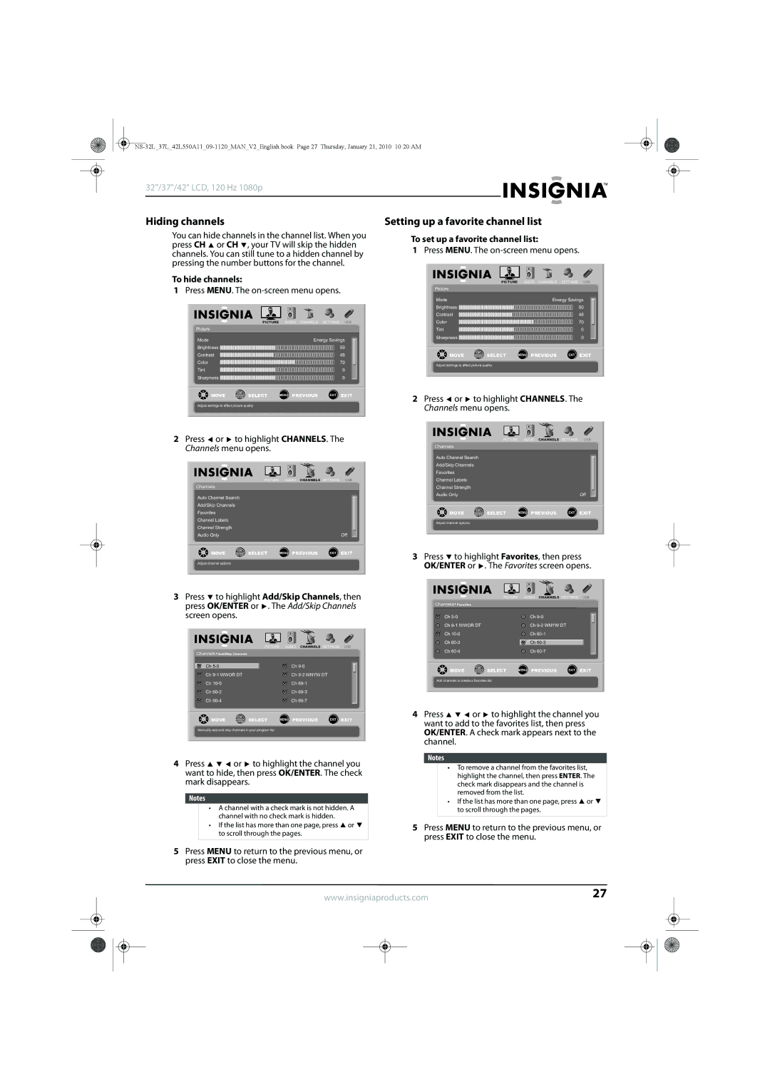 Insignia NS-32L550A11, NS-42L550A11, NS-37L550A11 manual Hiding channels, To hide channels, To set up a favorite channel list 