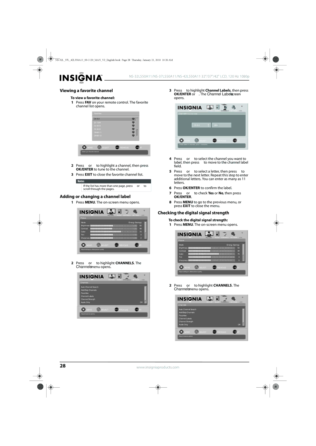 Insignia NS-37L550A11 Viewing a favorite channel, Adding or changing a channel label, Checking the digital signal strength 