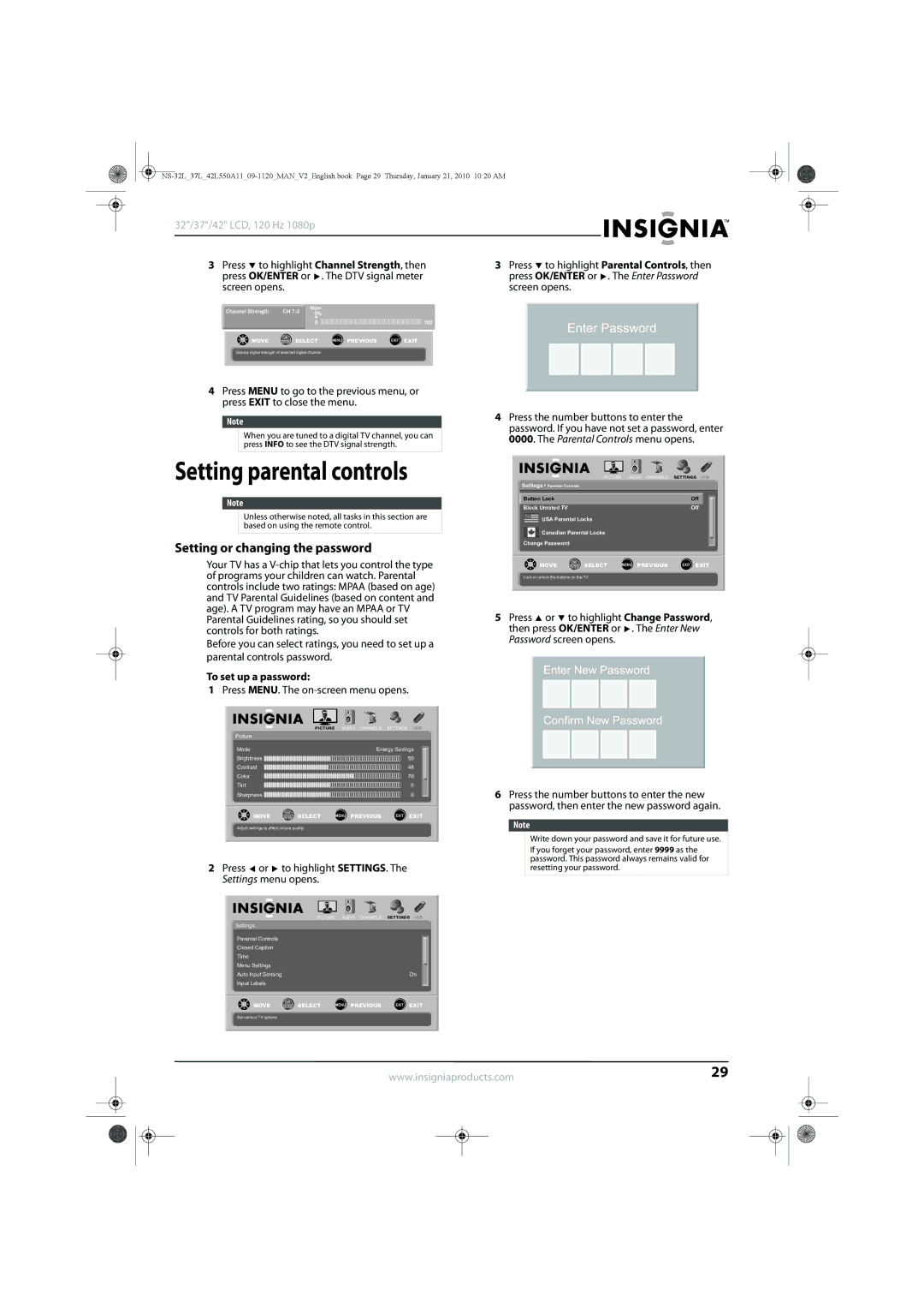 Insignia NS-42L550A11, NS-32L550A11 manual Setting parental controls, Setting or changing the password, To set up a password 