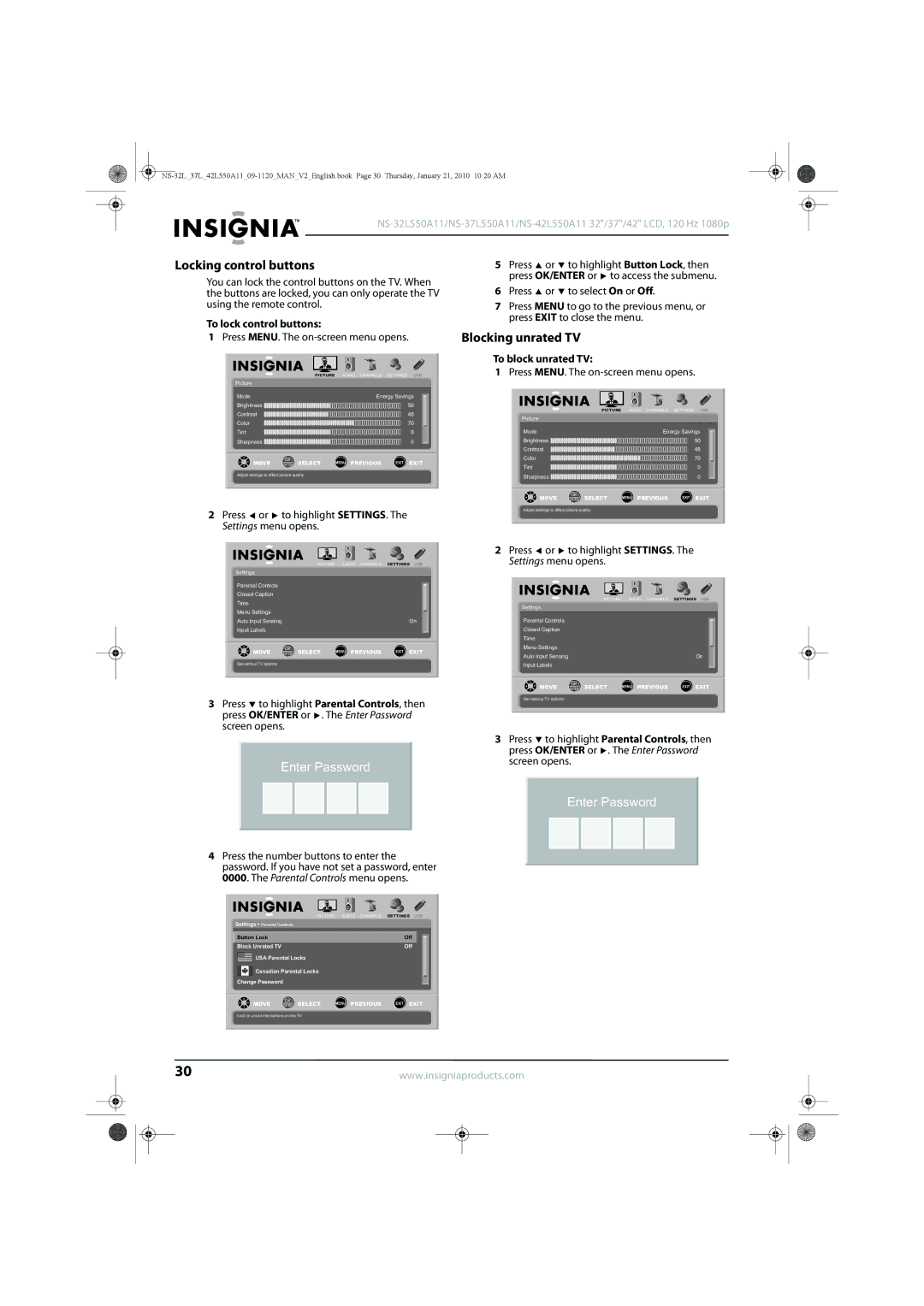 Insignia NS-32L550A11 manual Locking control buttons, Blocking unrated TV, To lock control buttons, To block unrated TV 