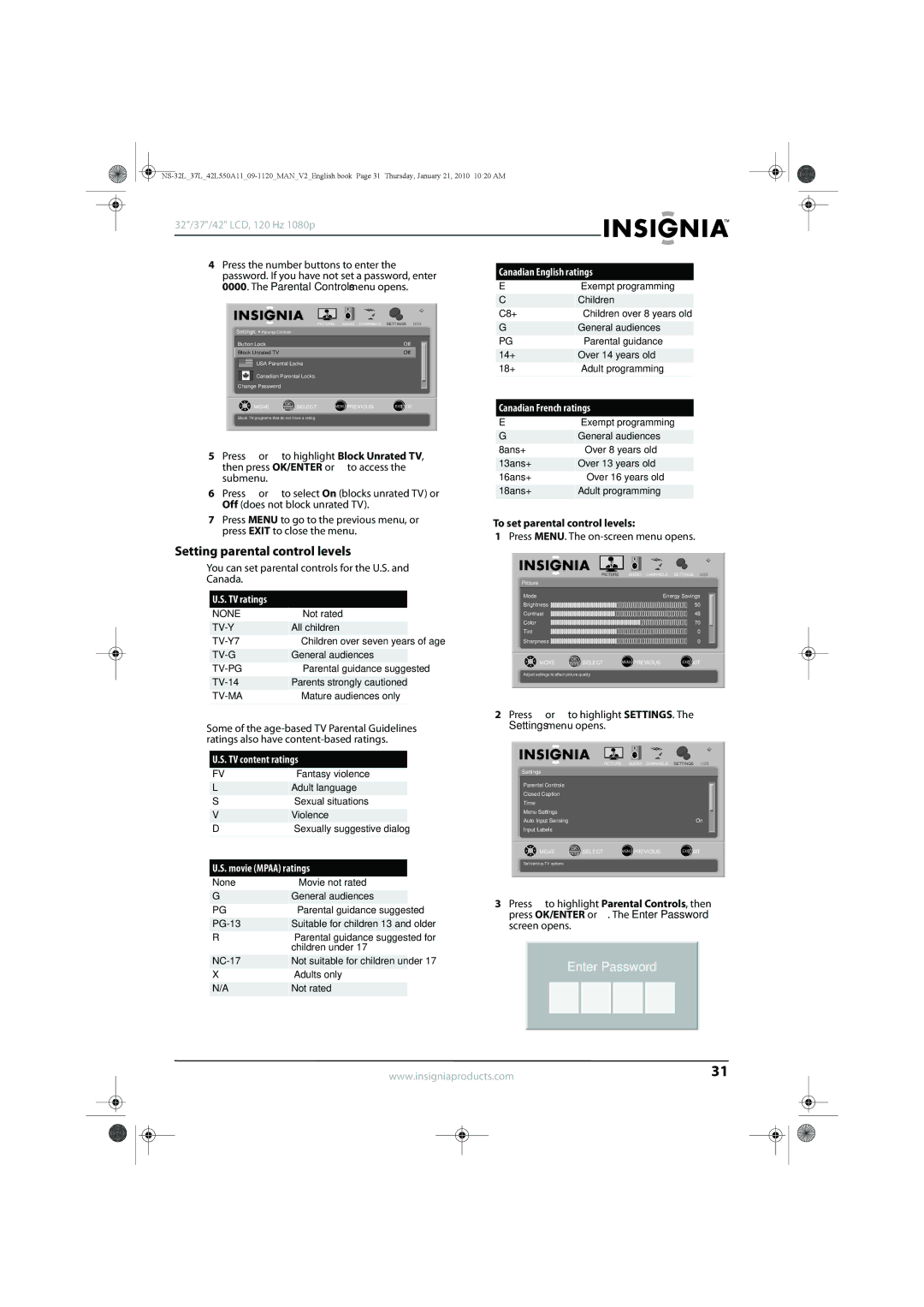 Insignia NS-37L550A11 Setting parental control levels, Press the number buttons to enter, To set parental control levels 