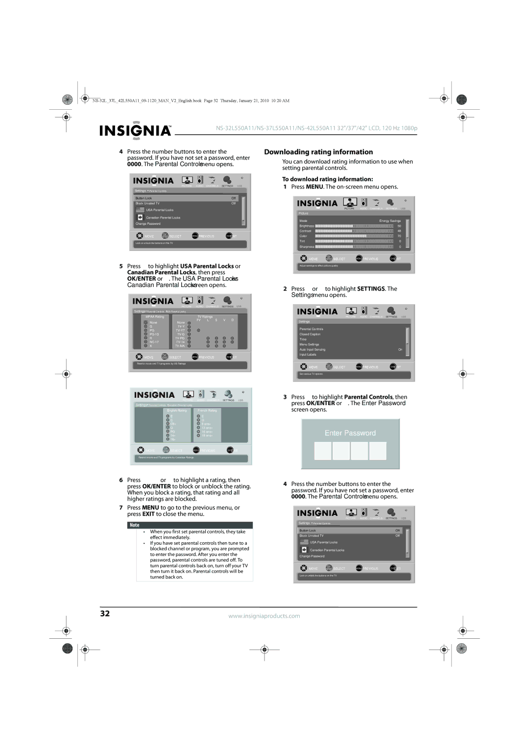 Insignia NS-42L550A11, NS-32L550A11, NS-37L550A11 manual Downloading rating information, To download rating information 