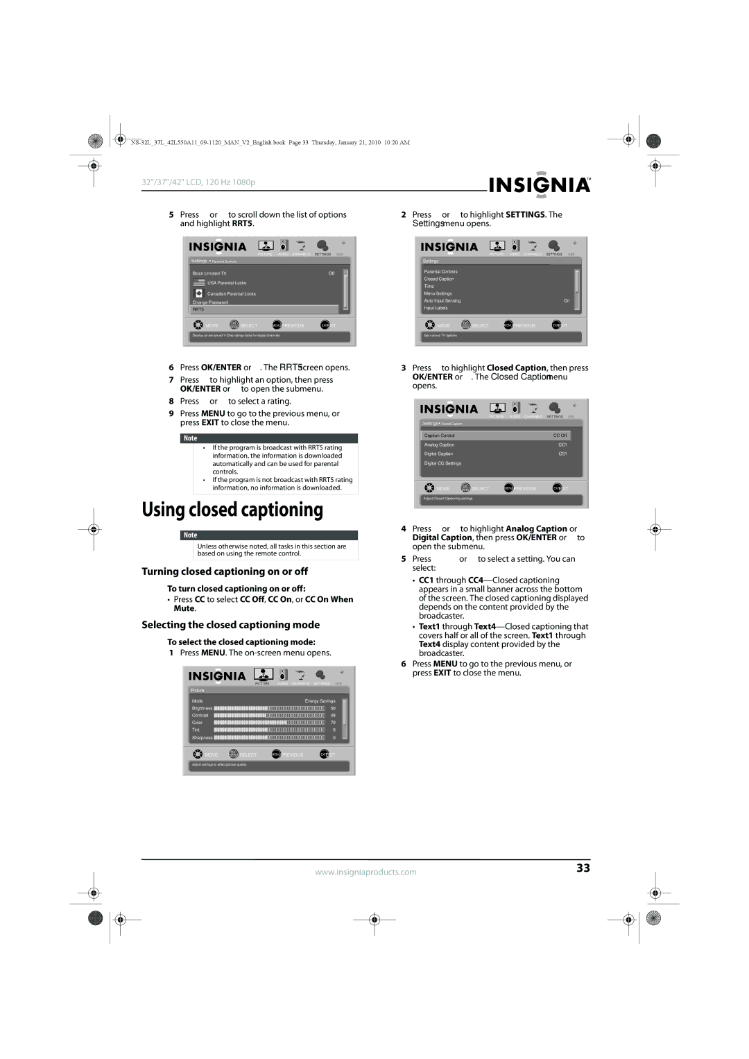 Insignia NS-32L550A11 Using closed captioning, Turning closed captioning on or off, Selecting the closed captioning mode 