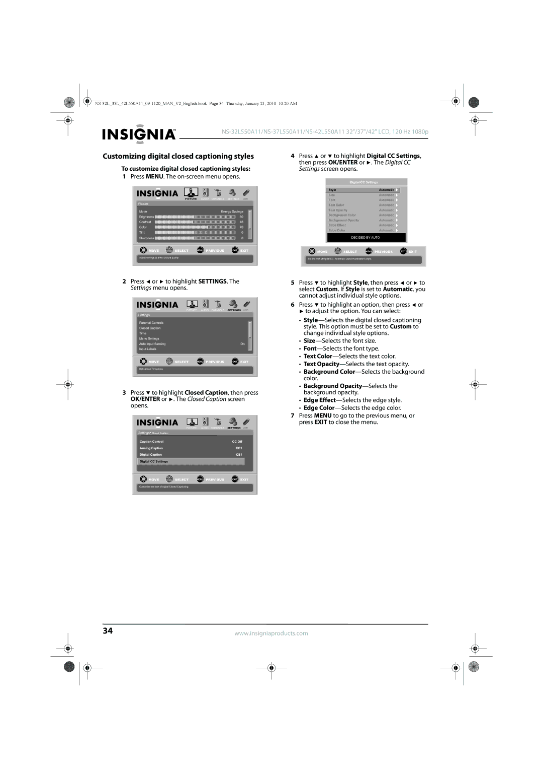 Insignia NS-37L550A11 manual Customizing digital closed captioning styles, To customize digital closed captioning styles 