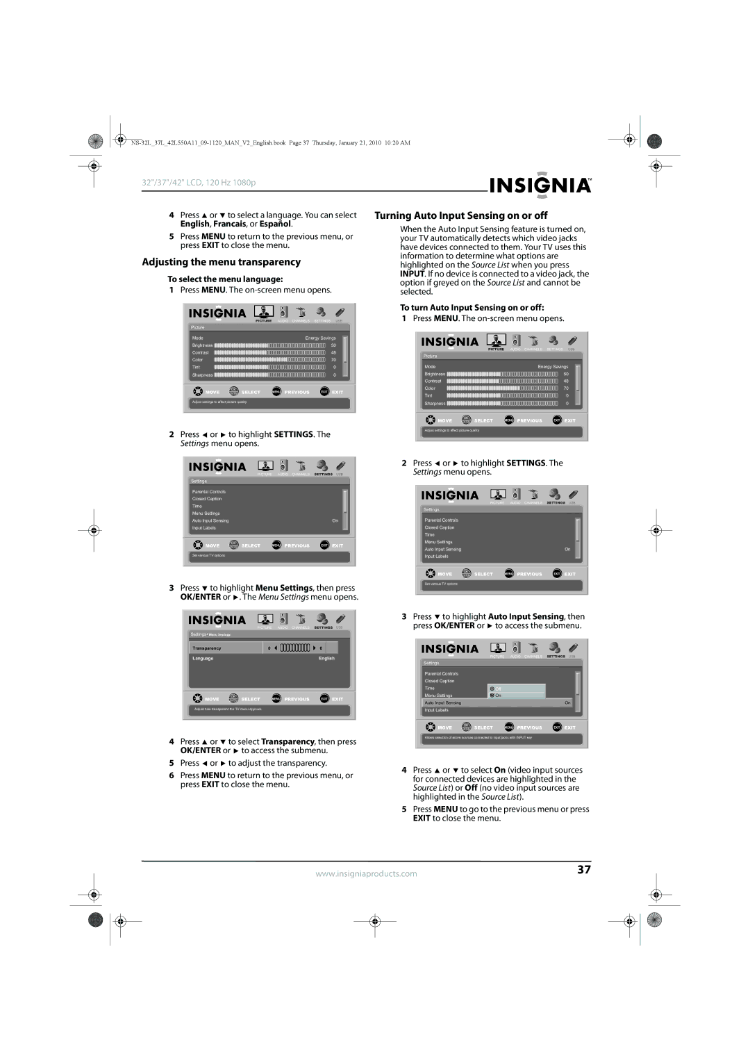 Insignia NS-37L550A11 Turning Auto Input Sensing on or off, Adjusting the menu transparency, English, Francais, or Español 