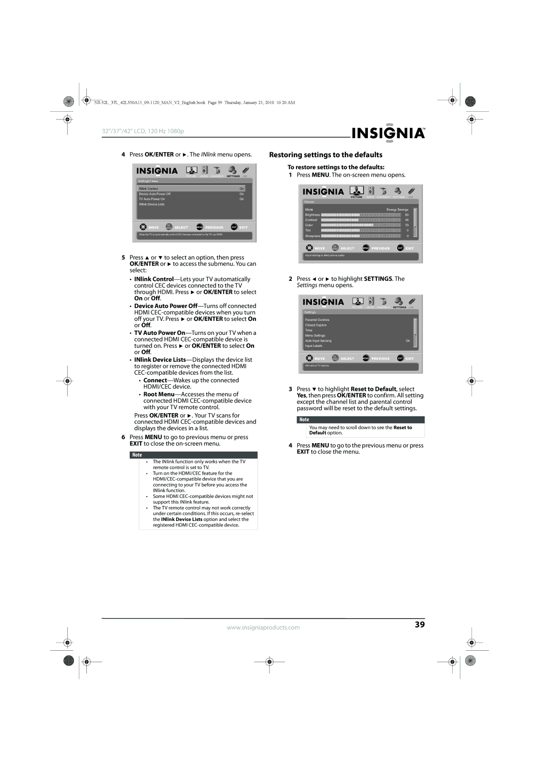 Insignia NS-32L550A11, NS-42L550A11, NS-37L550A11 manual Restoring settings to the defaults 