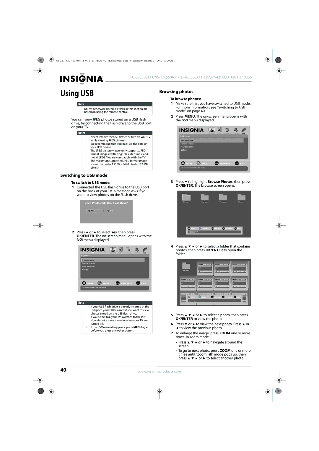 Insignia NS-37L550A11 manual Using USB, Browsing photos, Switching to USB mode, To browse photos, To switch to USB mode 