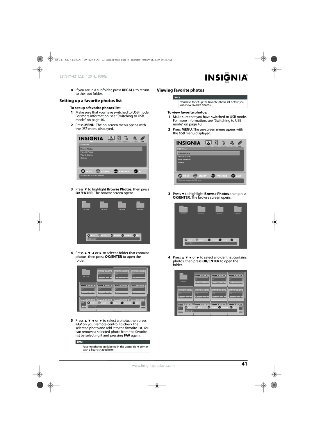 Insignia NS-42L550A11, NS-32L550A11 Setting up a favorite photos list, If you are in a subfolder, press Recall to return 