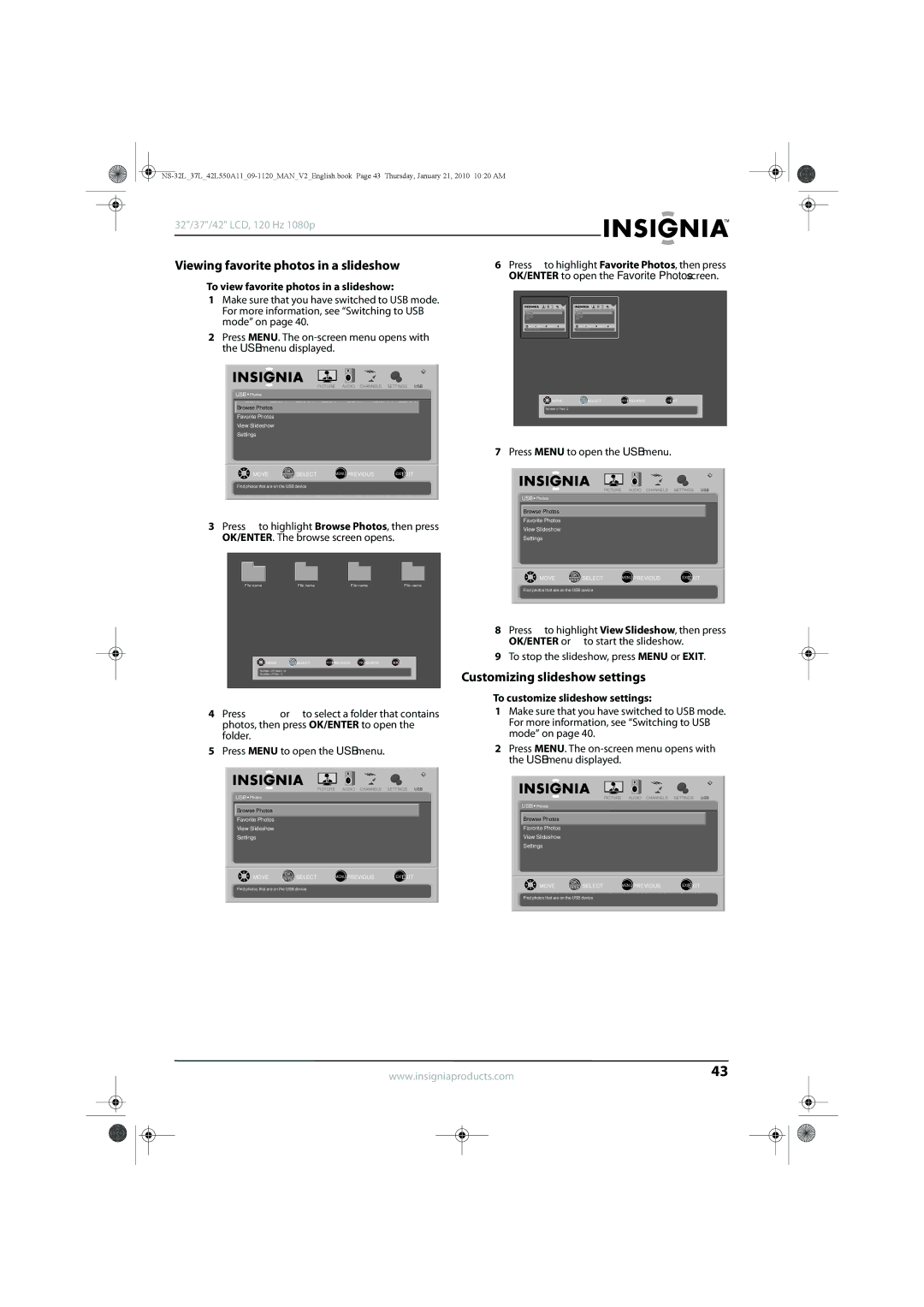 Insignia NS-37L550A11, NS-42L550A11, NS-32L550A11 Viewing favorite photos in a slideshow, Customizing slideshow settings 