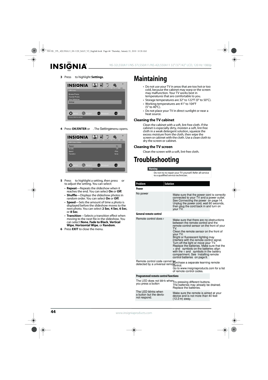 Insignia NS-42L550A11, NS-32L550A11 manual Maintaining, Troubleshooting, Cleaning the TV cabinet, Cleaning the TV screen 