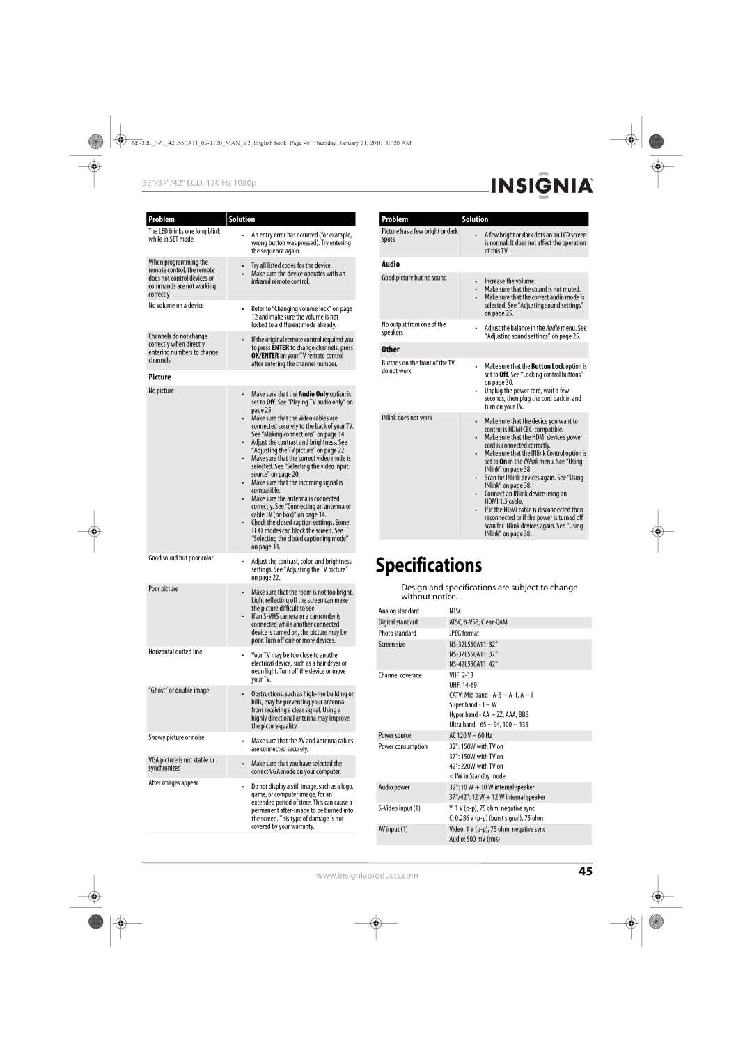 Insignia NS-32L550A11, NS-42L550A11, NS-37L550A11 manual Specifications, Audio, Other, Picture, Ntsc 