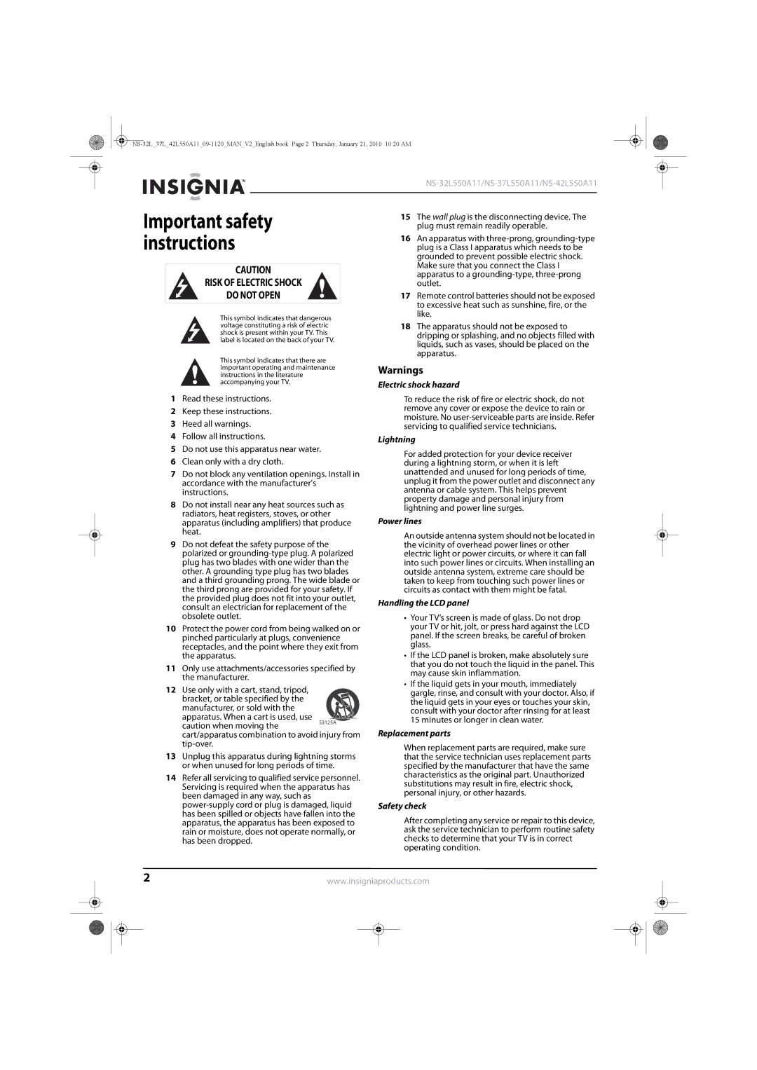 Insignia NS-42L550A11, NS-32L550A11, NS-37L550A11 manual Important safety, Instructions 