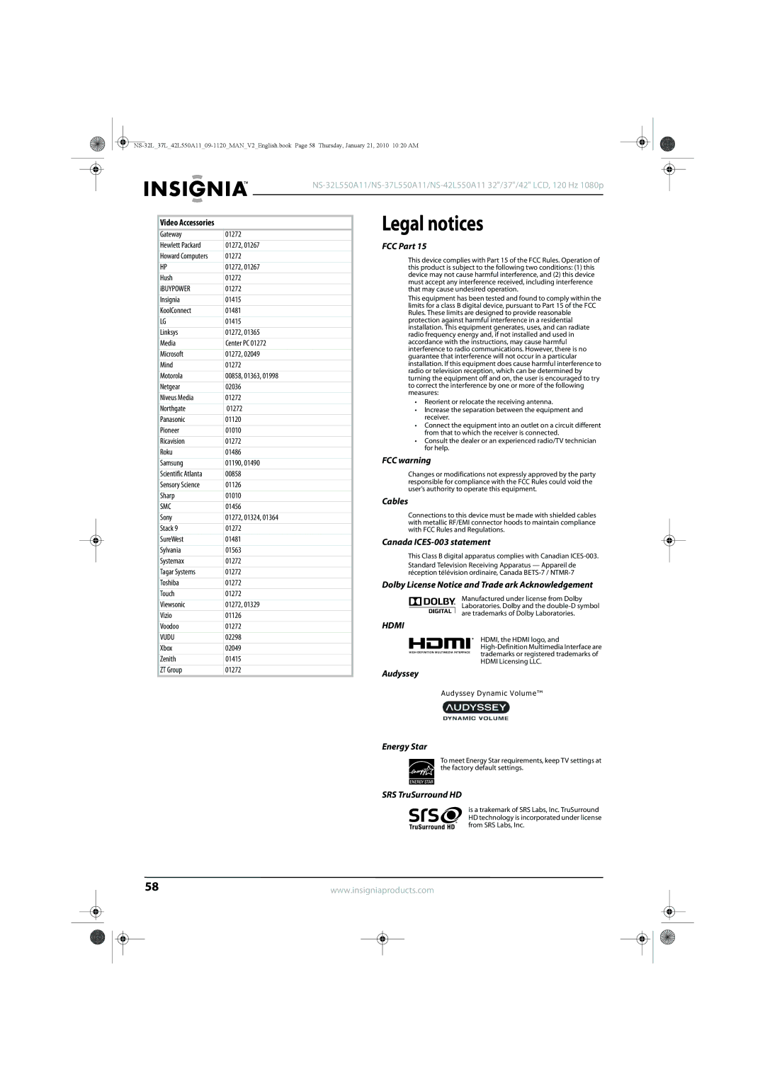 Insignia NS-37L550A11, NS-42L550A11, NS-32L550A11 manual Legal notices 