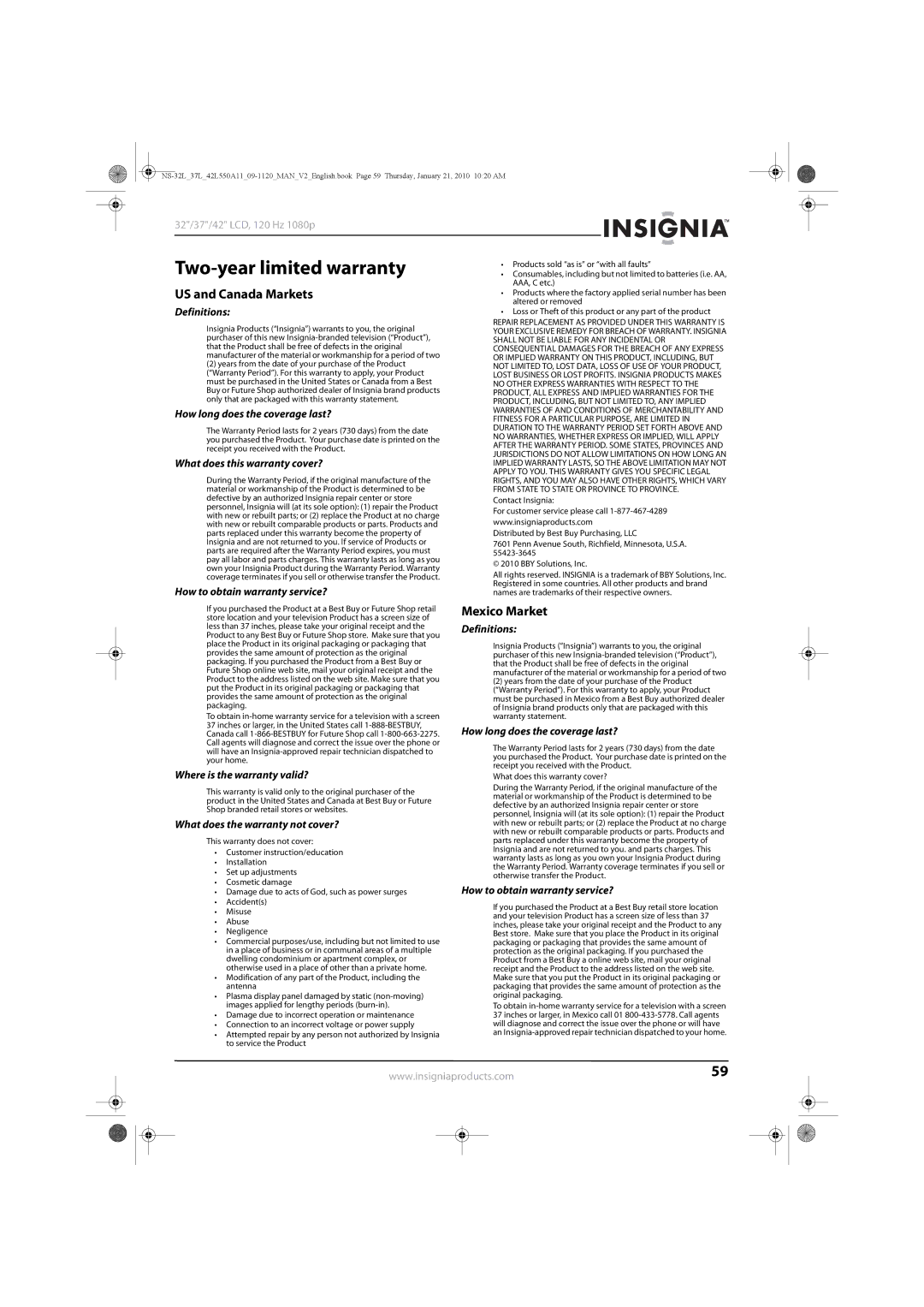 Insignia NS-42L550A11, NS-32L550A11, NS-37L550A11 manual US and Canada Markets, Mexico Market 