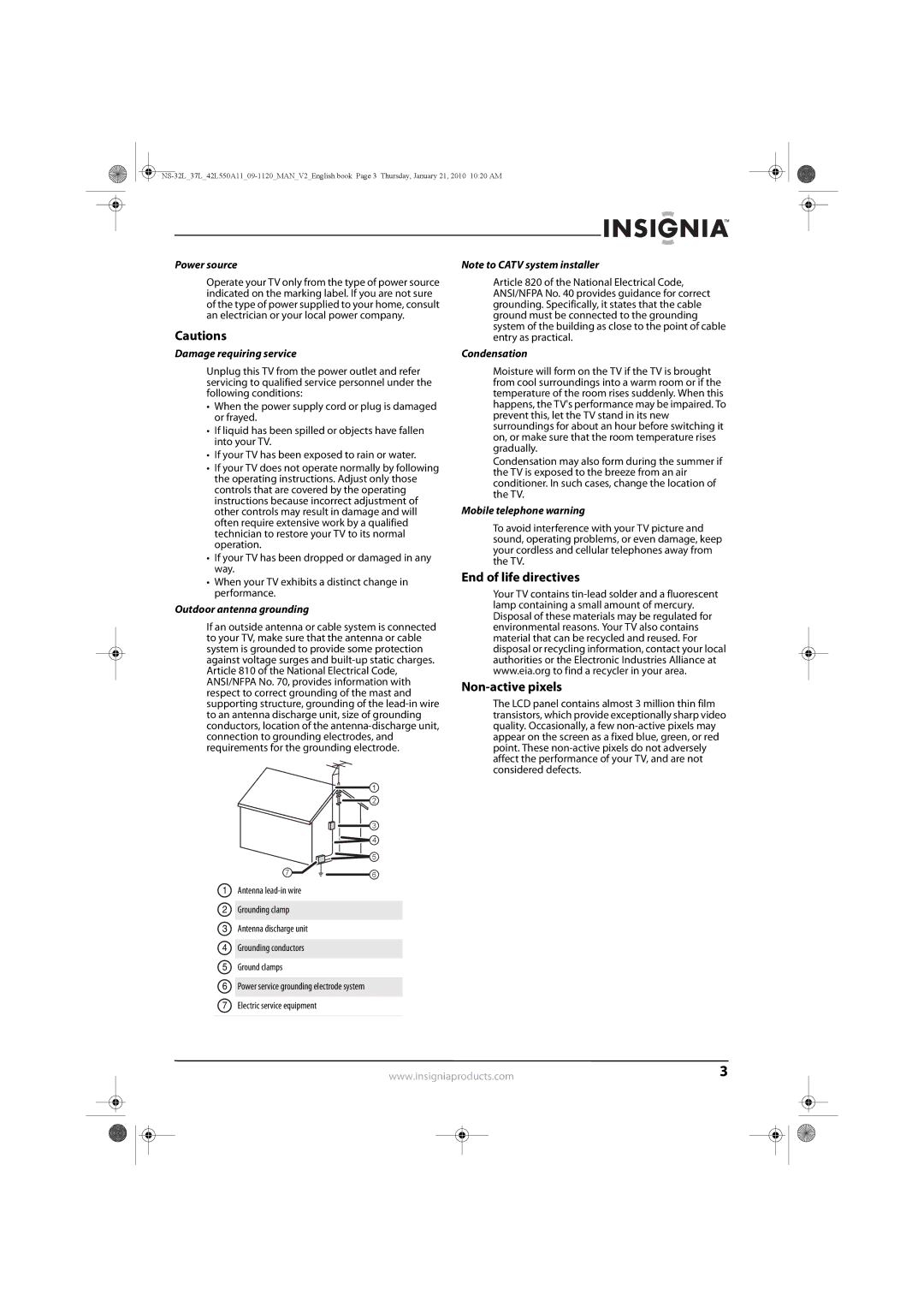 Insignia NS-32L550A11, NS-42L550A11, NS-37L550A11 manual End of life directives Non-active pixels 