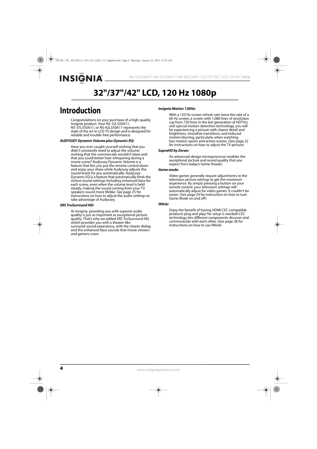 Insignia NS-37L550A11, NS-42L550A11, NS-32L550A11 manual 32/37/42 LCD, 120 Hz 1080p Introduction 