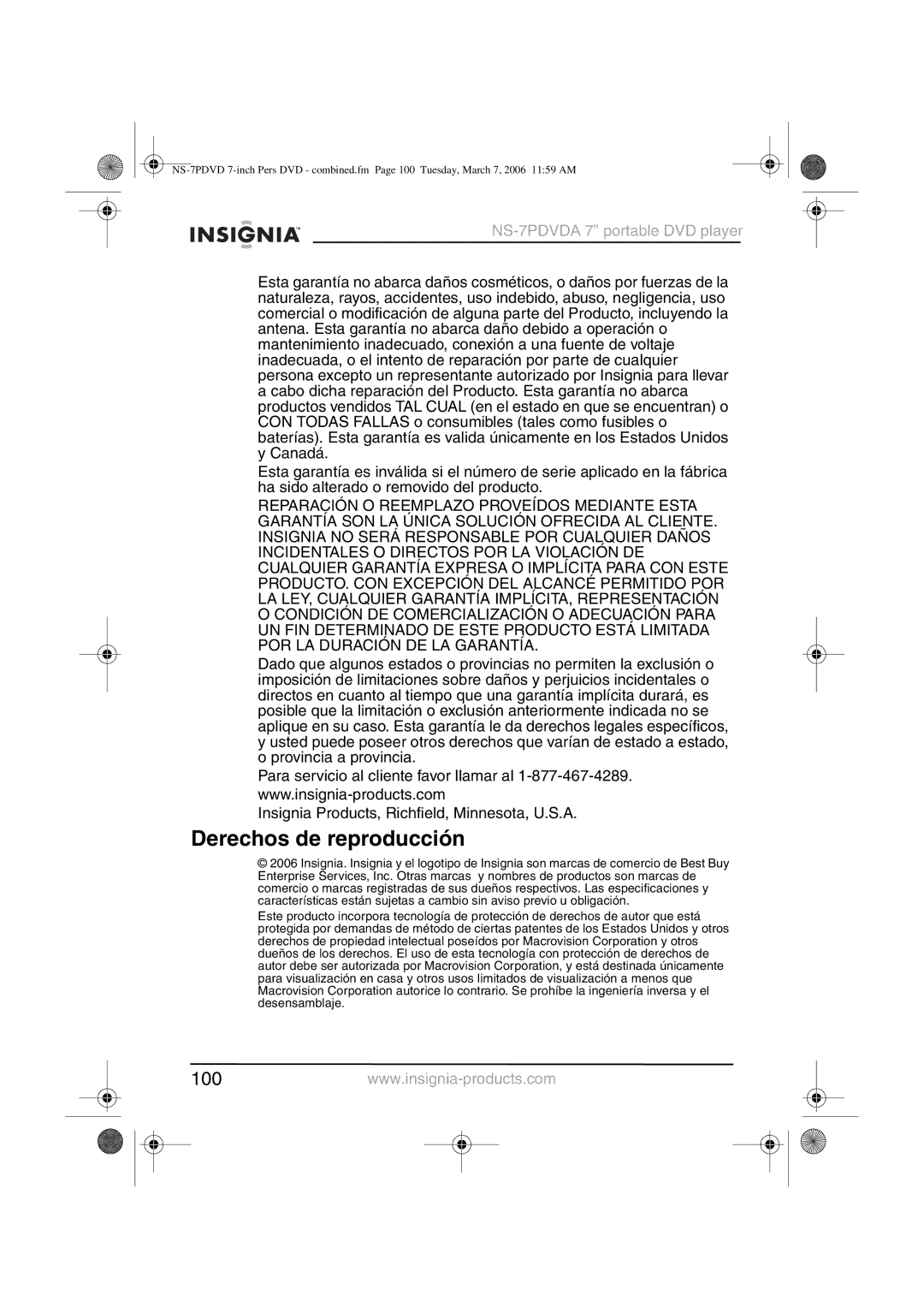 Insignia NS-7PDVDA manual Derechos de reproducción, 100 