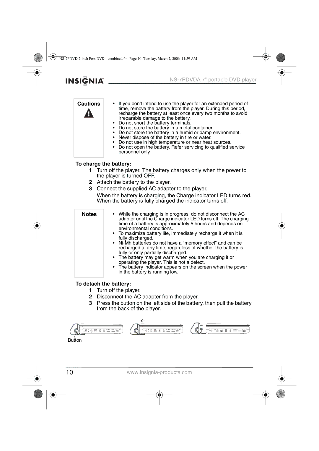 Insignia NS-7PDVDA manual To charge the battery, To detach the battery 