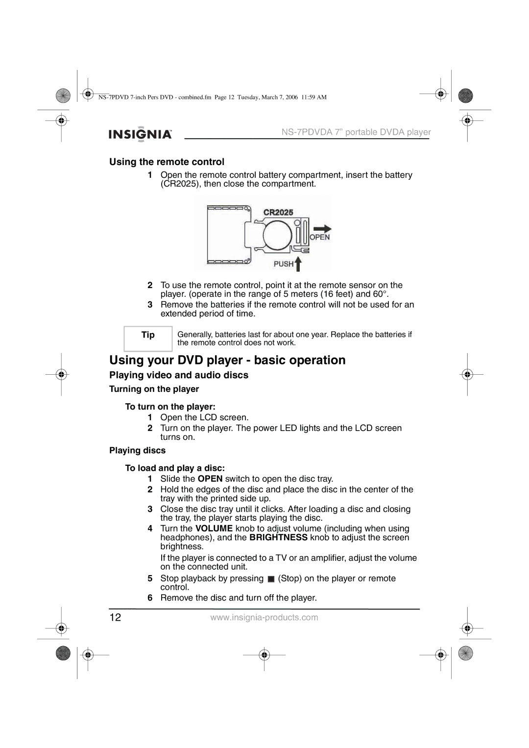 Insignia NS-7PDVDA manual Using your DVD player basic operation, Using the remote control, Playing video and audio discs 