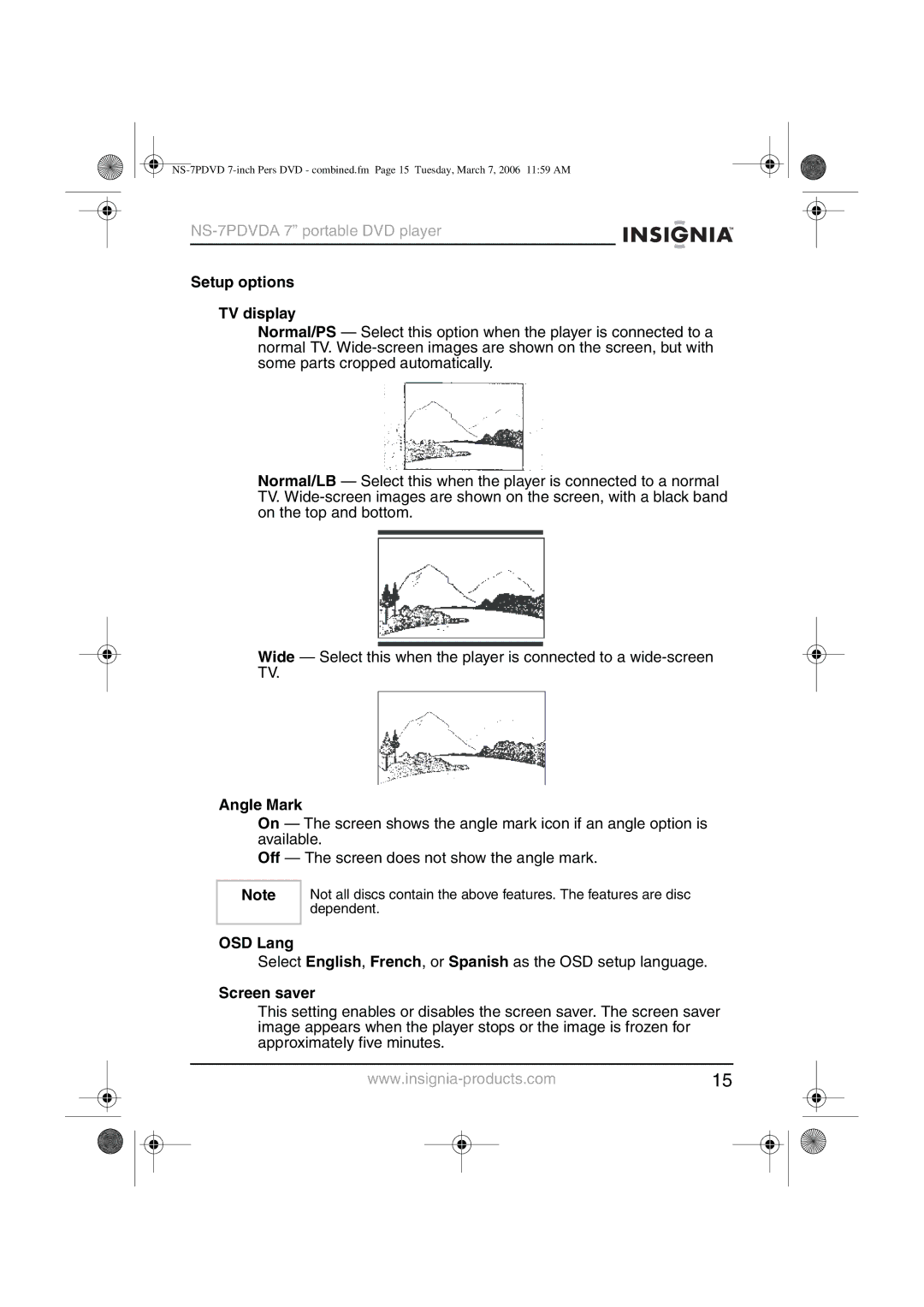 Insignia NS-7PDVDA manual Setup options TV display, Angle Mark, OSD Lang, Screen saver 