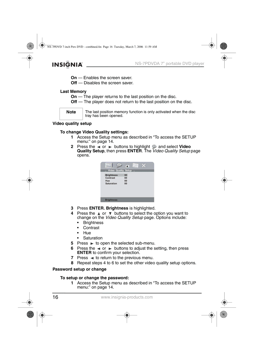 Insignia NS-7PDVDA manual Last Memory, Video quality setup To change Video Quality settings 