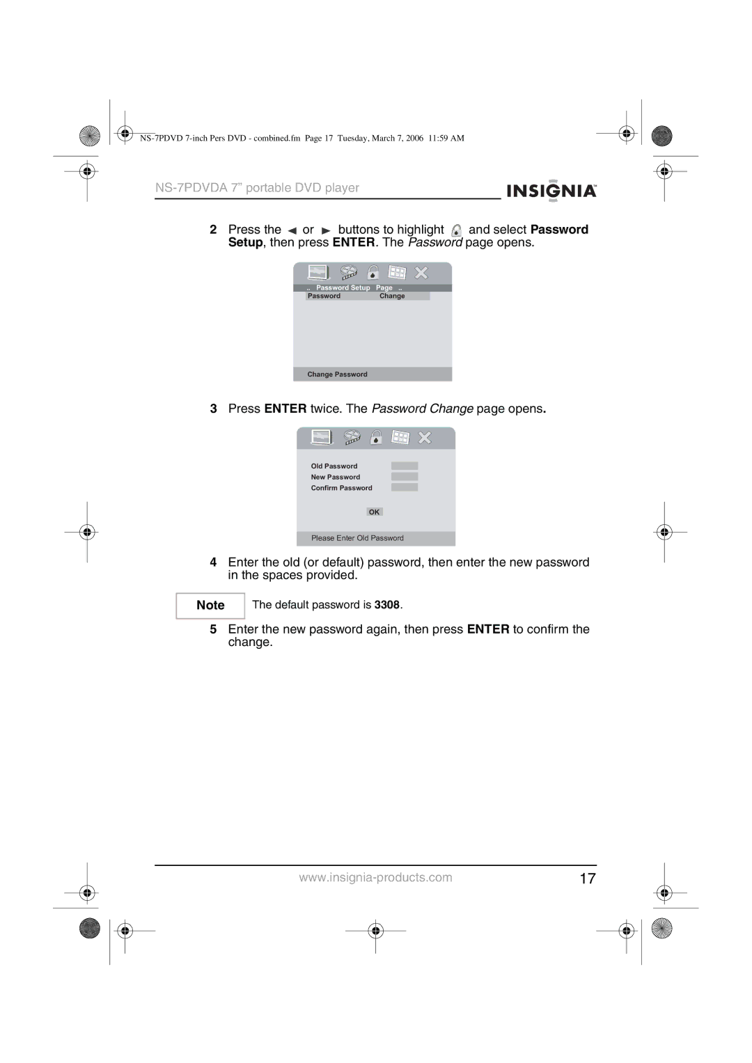 Insignia NS-7PDVDA manual Press Enter twice. The Password Change page opens 