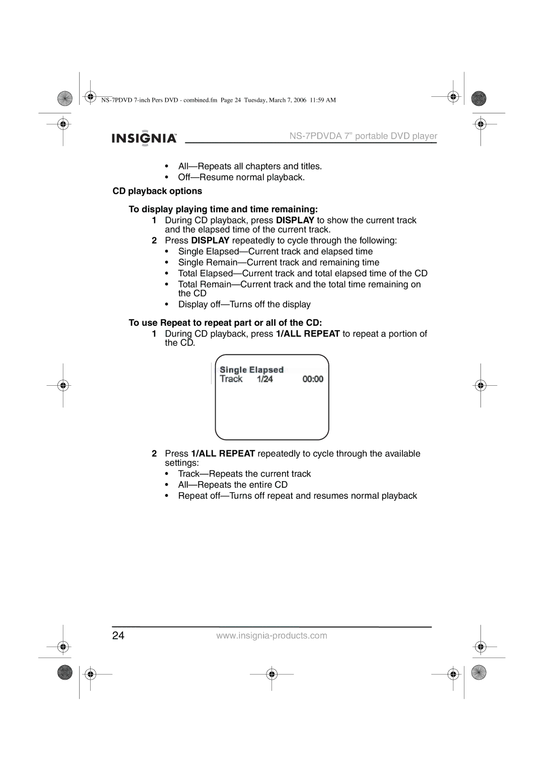 Insignia NS-7PDVDA manual To use Repeat to repeat part or all of the CD 