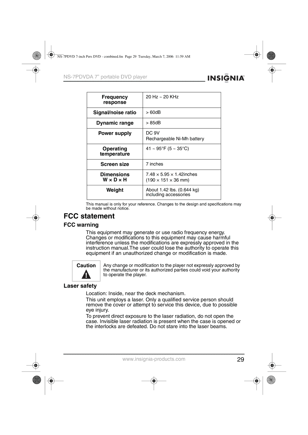 Insignia NS-7PDVDA manual FCC statement, FCC warning, Laser safety 