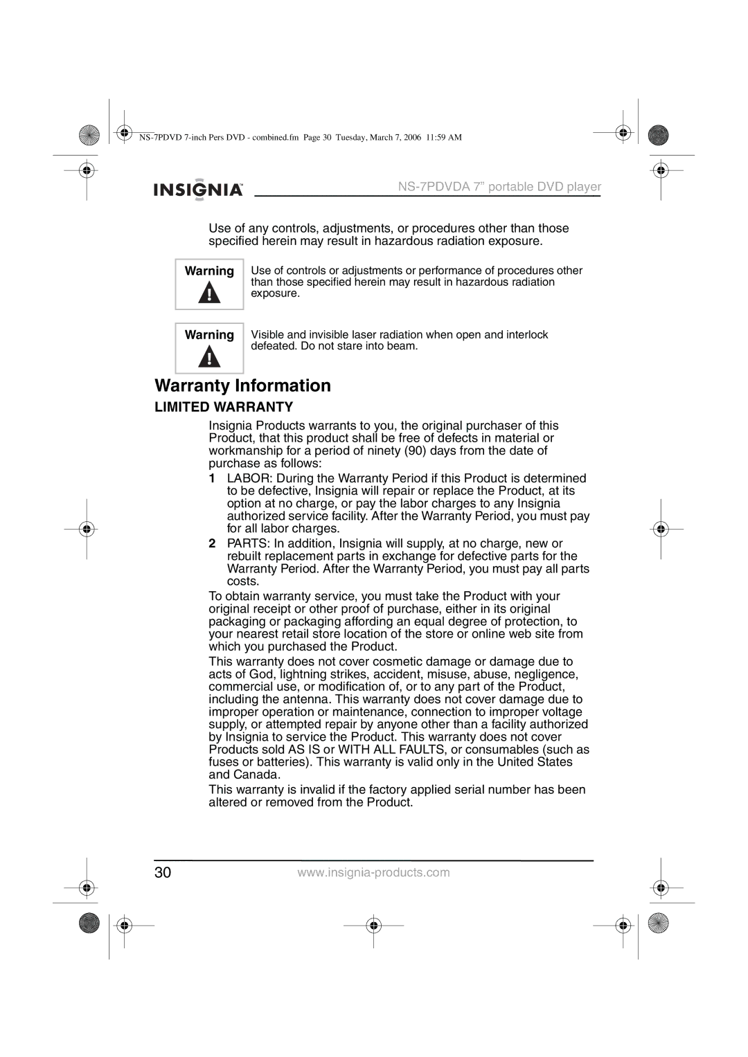 Insignia NS-7PDVDA manual Warranty Information, Limited Warranty 