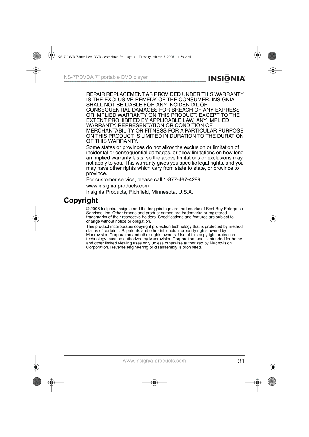 Insignia NS-7PDVDA manual Copyright 