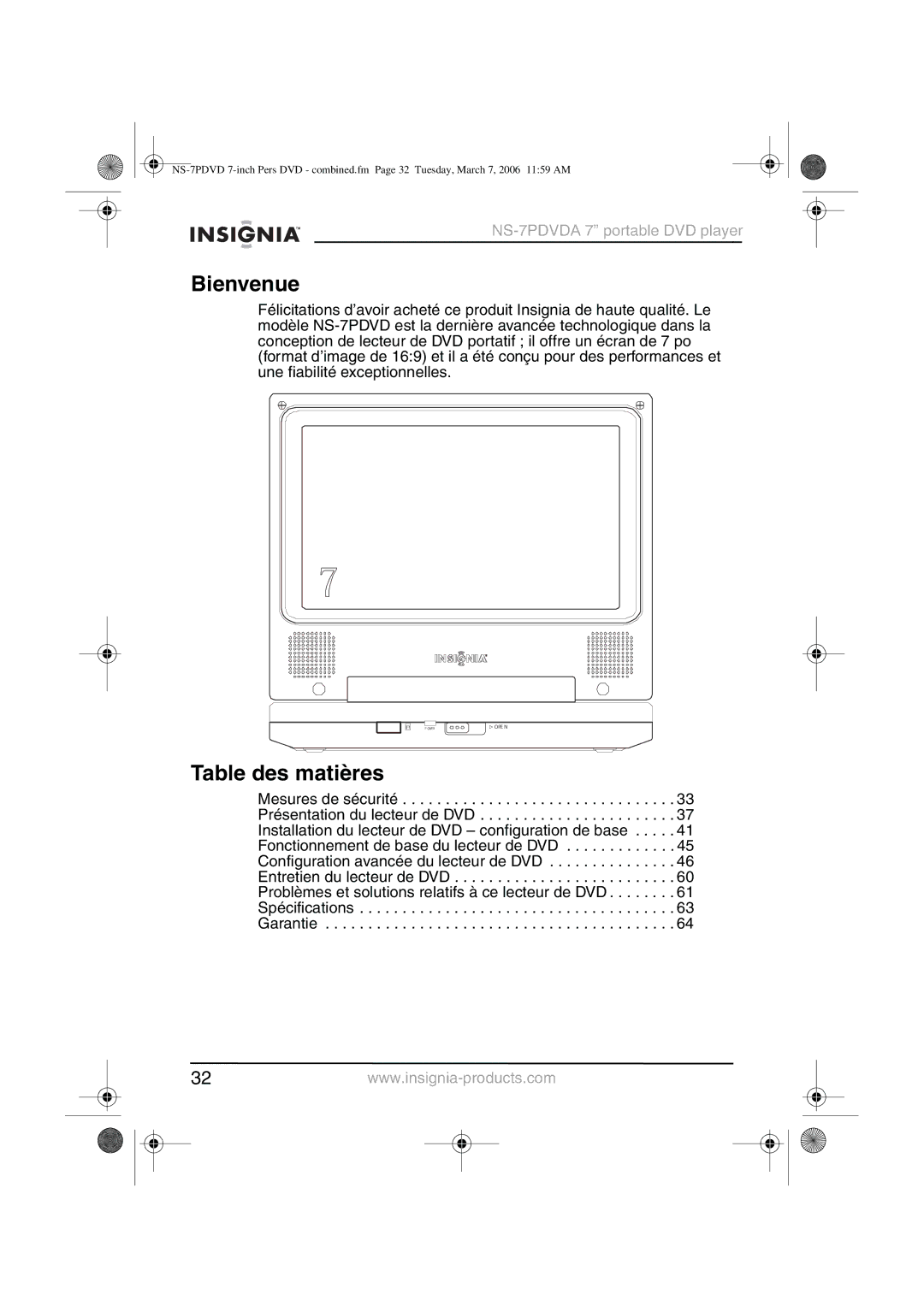 Insignia NS-7PDVDA manual Bienvenue, Table des matières 