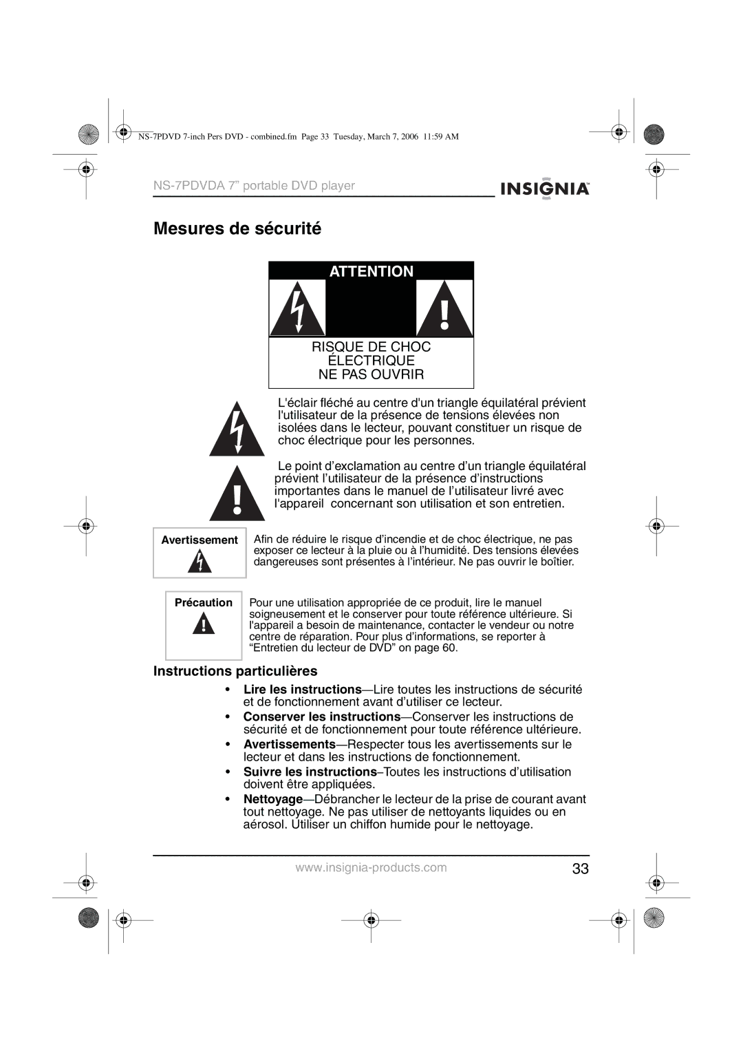 Insignia NS-7PDVDA manual Mesures de sécurité, Instructions particulières 