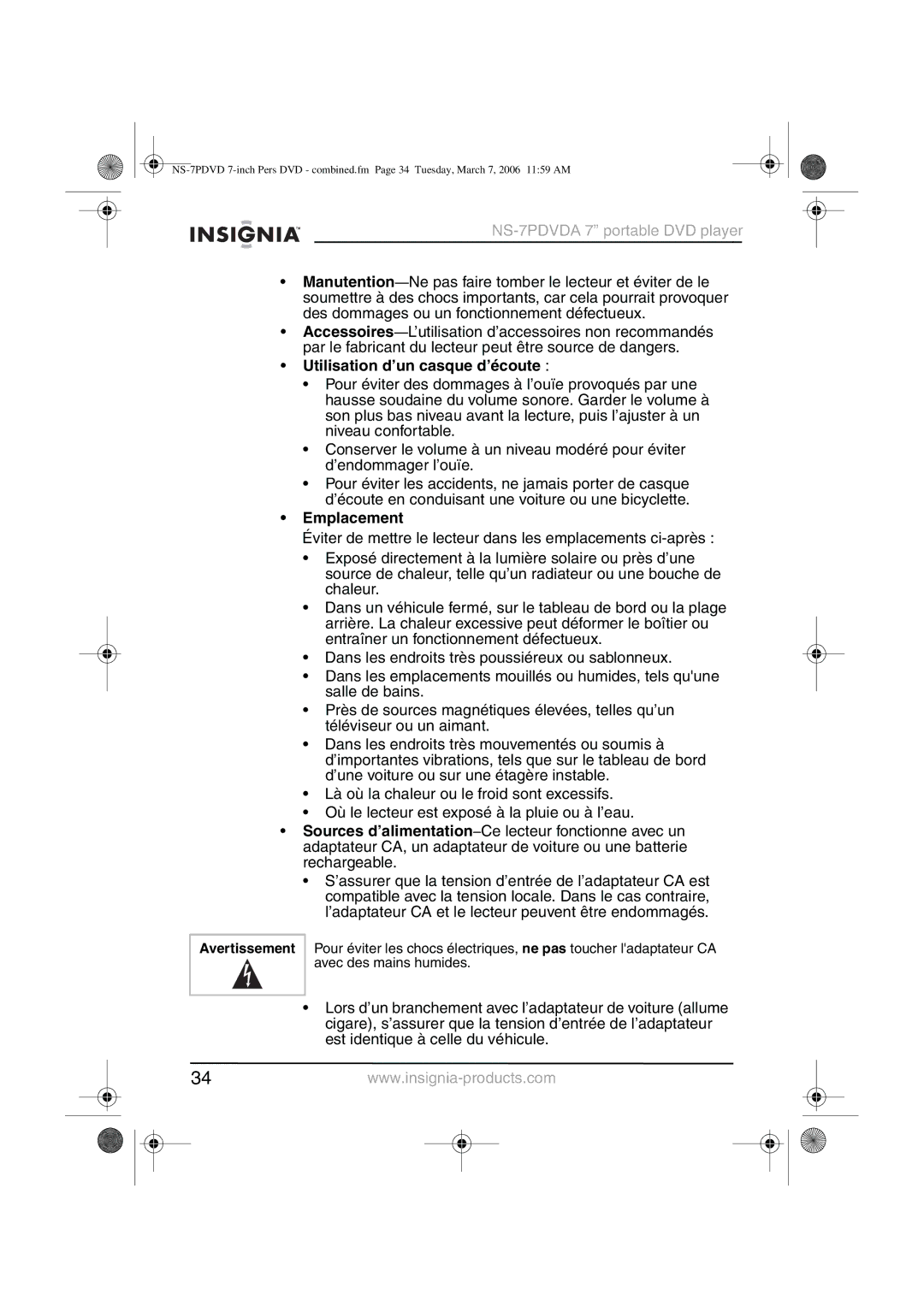 Insignia NS-7PDVDA manual Utilisation d’un casque d’écoute, Emplacement 