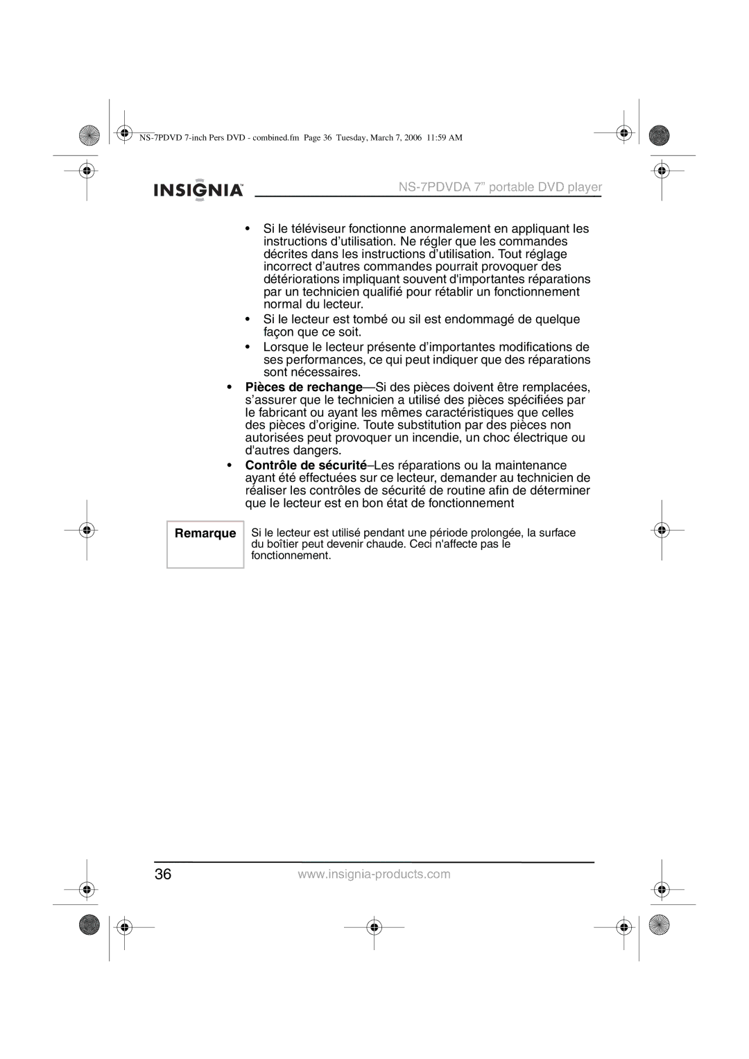 Insignia NS-7PDVDA manual Remarque 