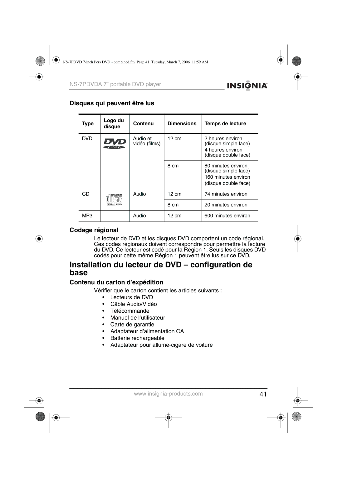 Insignia NS-7PDVDA Installation du lecteur de DVD configuration de base, Disques qui peuvent être lus, Codage régional 