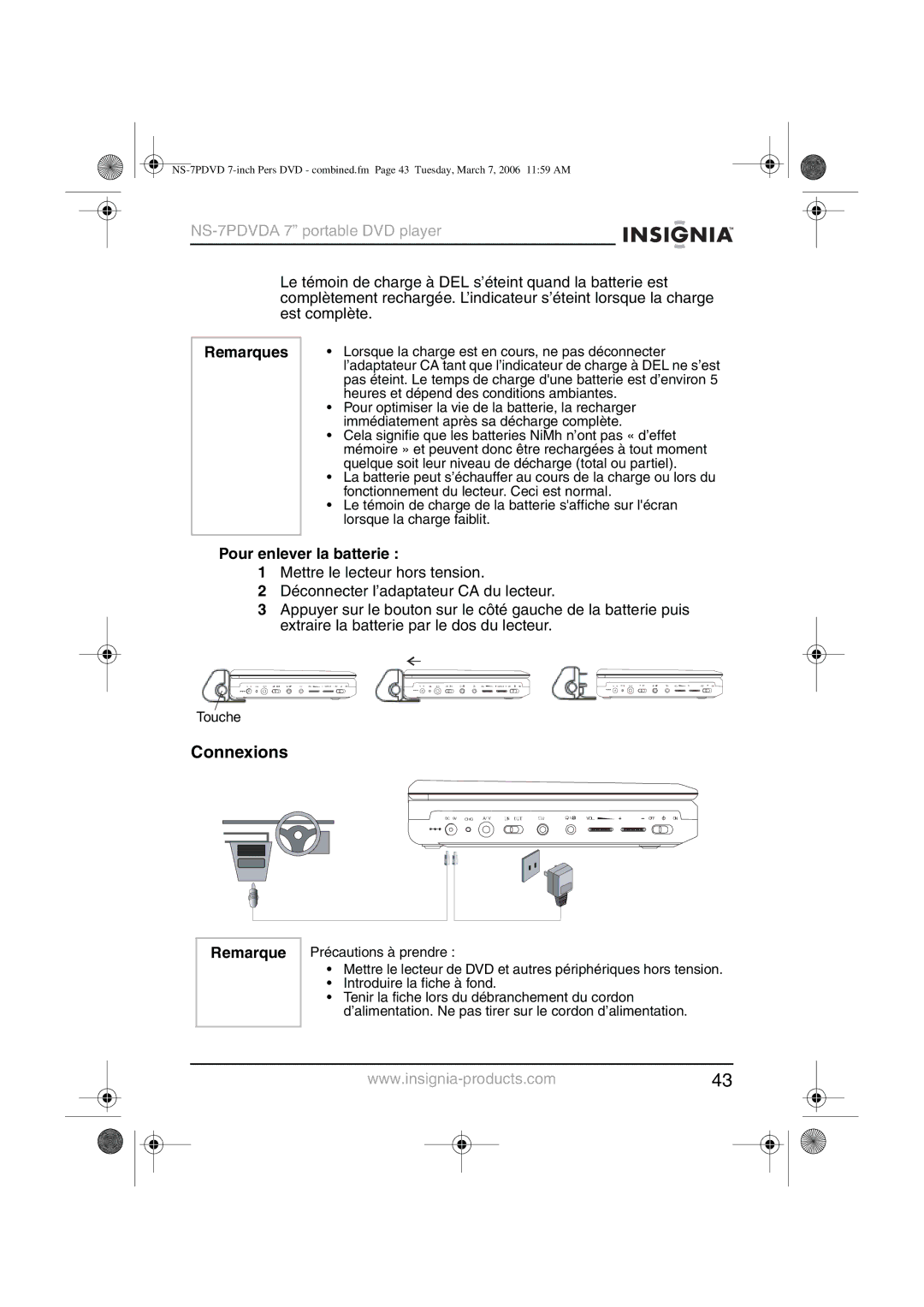 Insignia NS-7PDVDA manual Connexions, Remarques, Pour enlever la batterie 