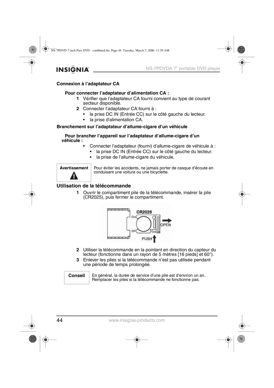 Insignia NS-7PDVDA manual Utilisation de la télécommande, Conseil 