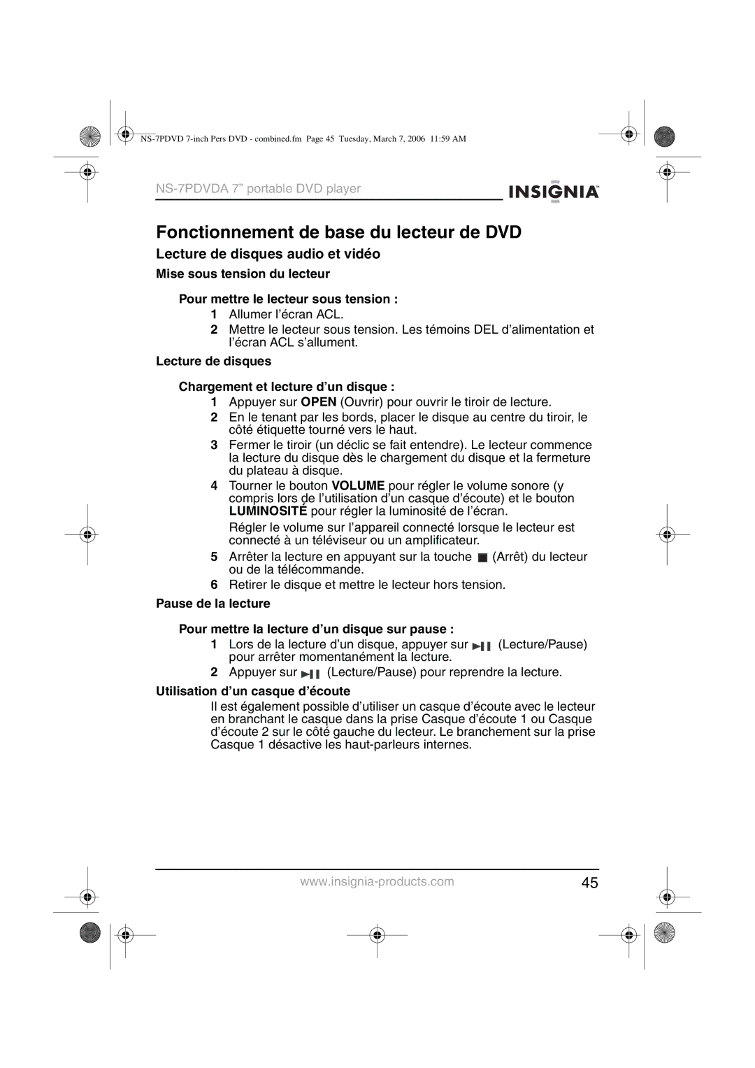 Insignia NS-7PDVDA manual Fonctionnement de base du lecteur de DVD, Lecture de disques audio et vidéo 