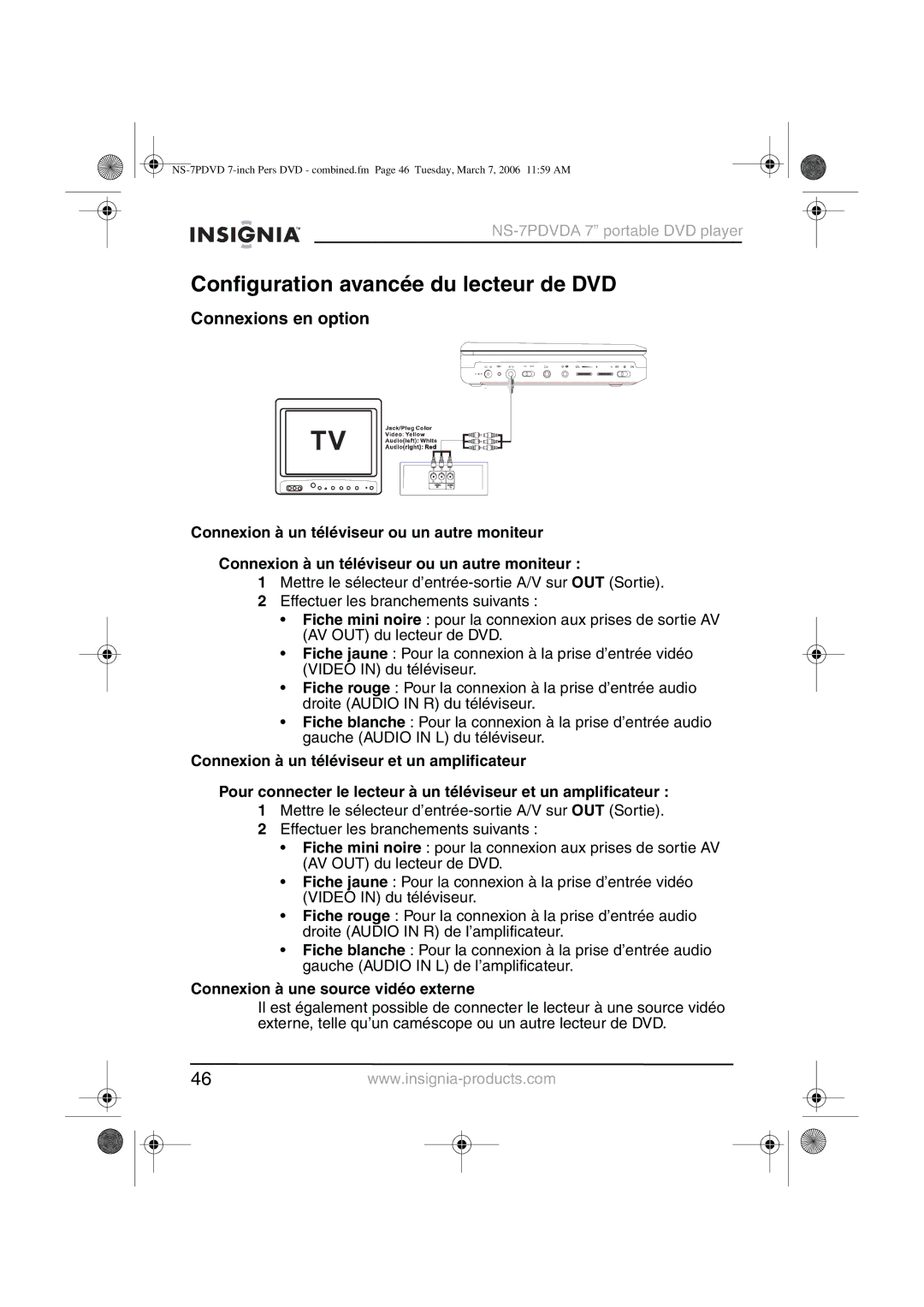 Insignia NS-7PDVDA Configuration avancée du lecteur de DVD, Connexions en option, Connexion à une source vidéo externe 