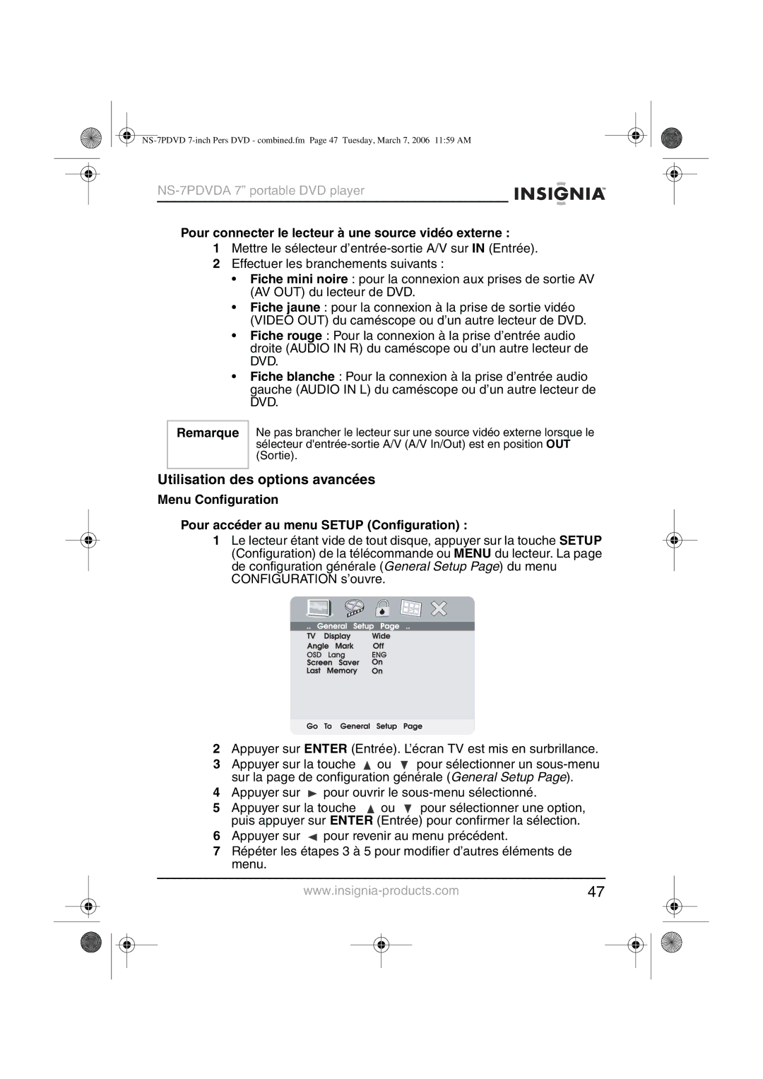 Insignia NS-7PDVDA manual Utilisation des options avancées, Pour connecter le lecteur à une source vidéo externe 