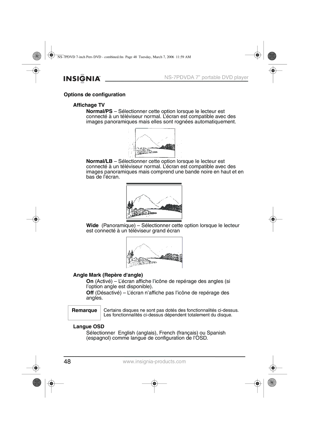 Insignia NS-7PDVDA manual Options de configuration Affichage TV, Angle Mark Repère dangle, Langue OSD 