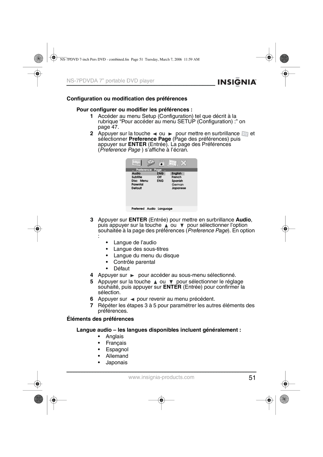 Insignia NS-7PDVDA manual Anglais Français Espagnol Allemand Japonais 