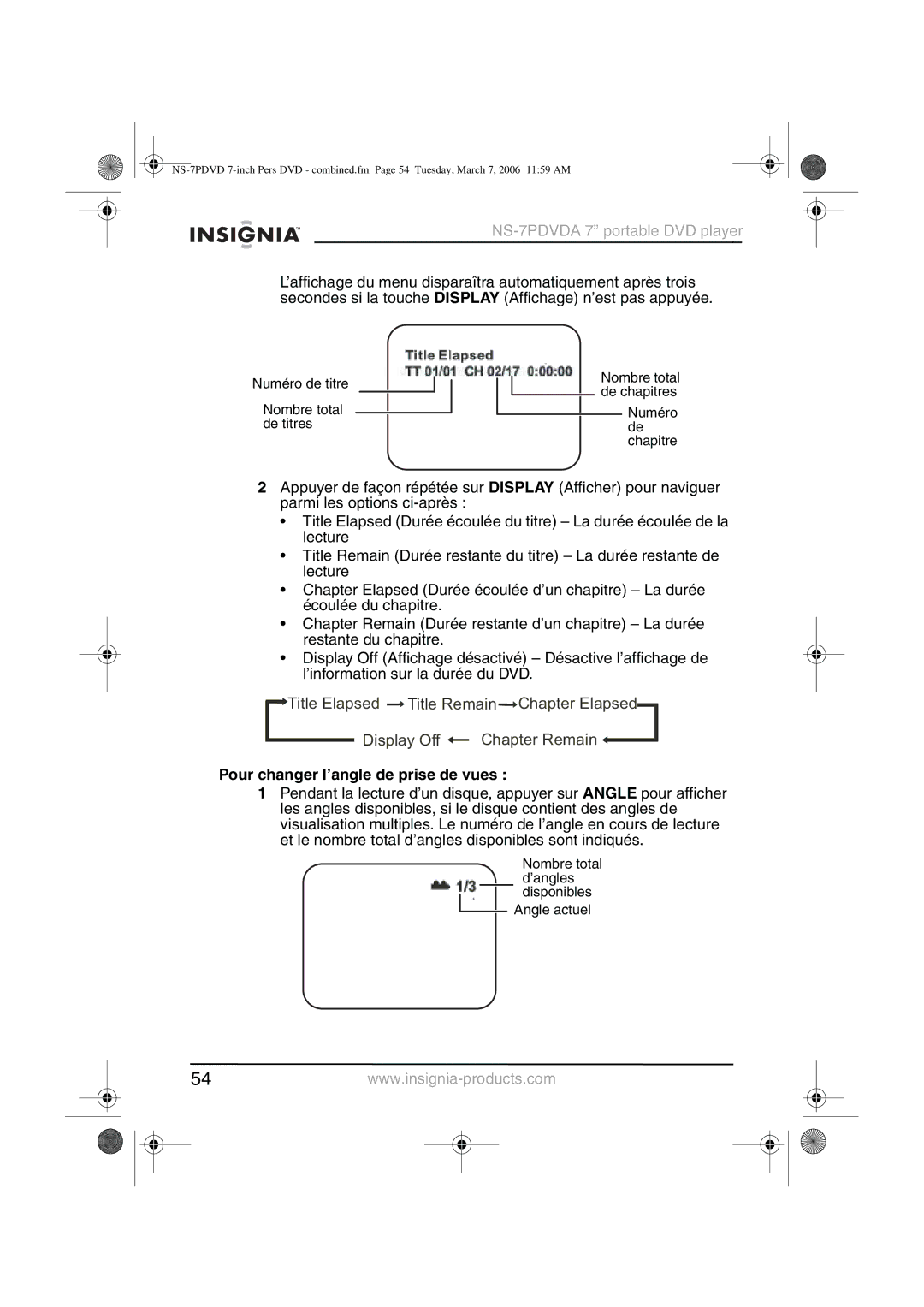 Insignia NS-7PDVDA manual Pour changer l’angle de prise de vues 