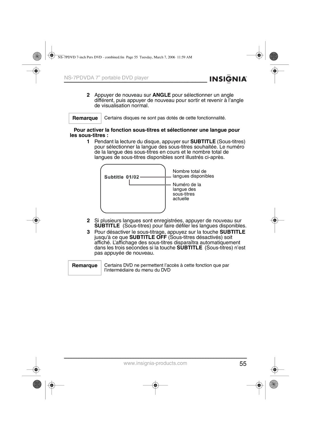 Insignia NS-7PDVDA manual Certains disques ne sont pas dotés de cette fonctionnalité 