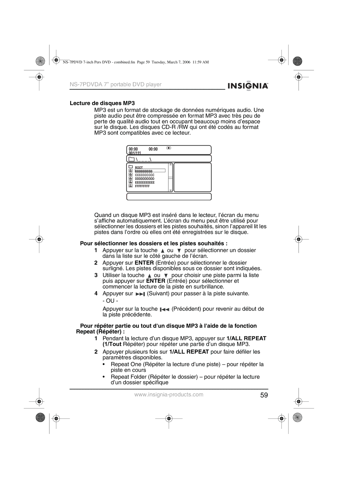 Insignia NS-7PDVDA manual Lecture de disques MP3, Pour sélectionner les dossiers et les pistes souhaités 